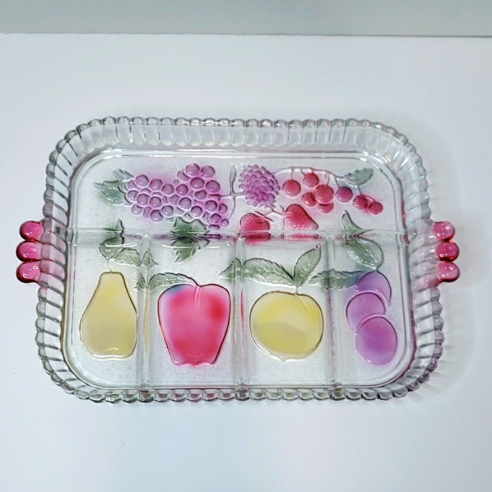 Vintage Clear Glass Divided‎ Relish Tray with Fruit Design and Pink Handles